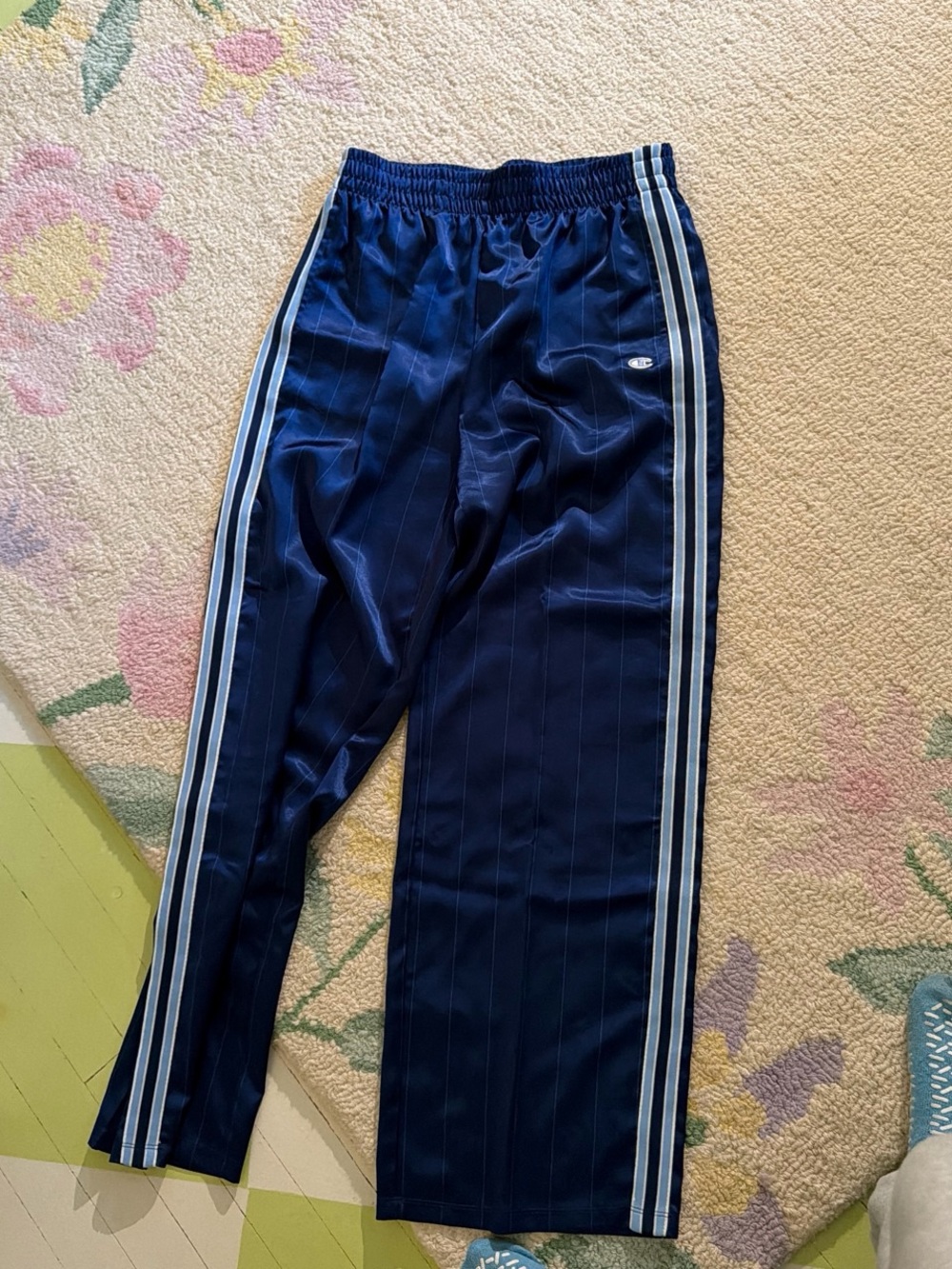 Champion Navy Track Pants with Light Blue & White Side Stripes
